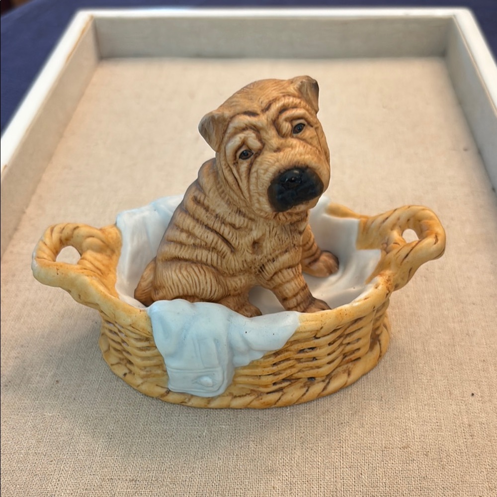 Vintage Princeton Gallery Shar Pei Puppy Dog & Wicker Laundry Basket “Wrinkles”